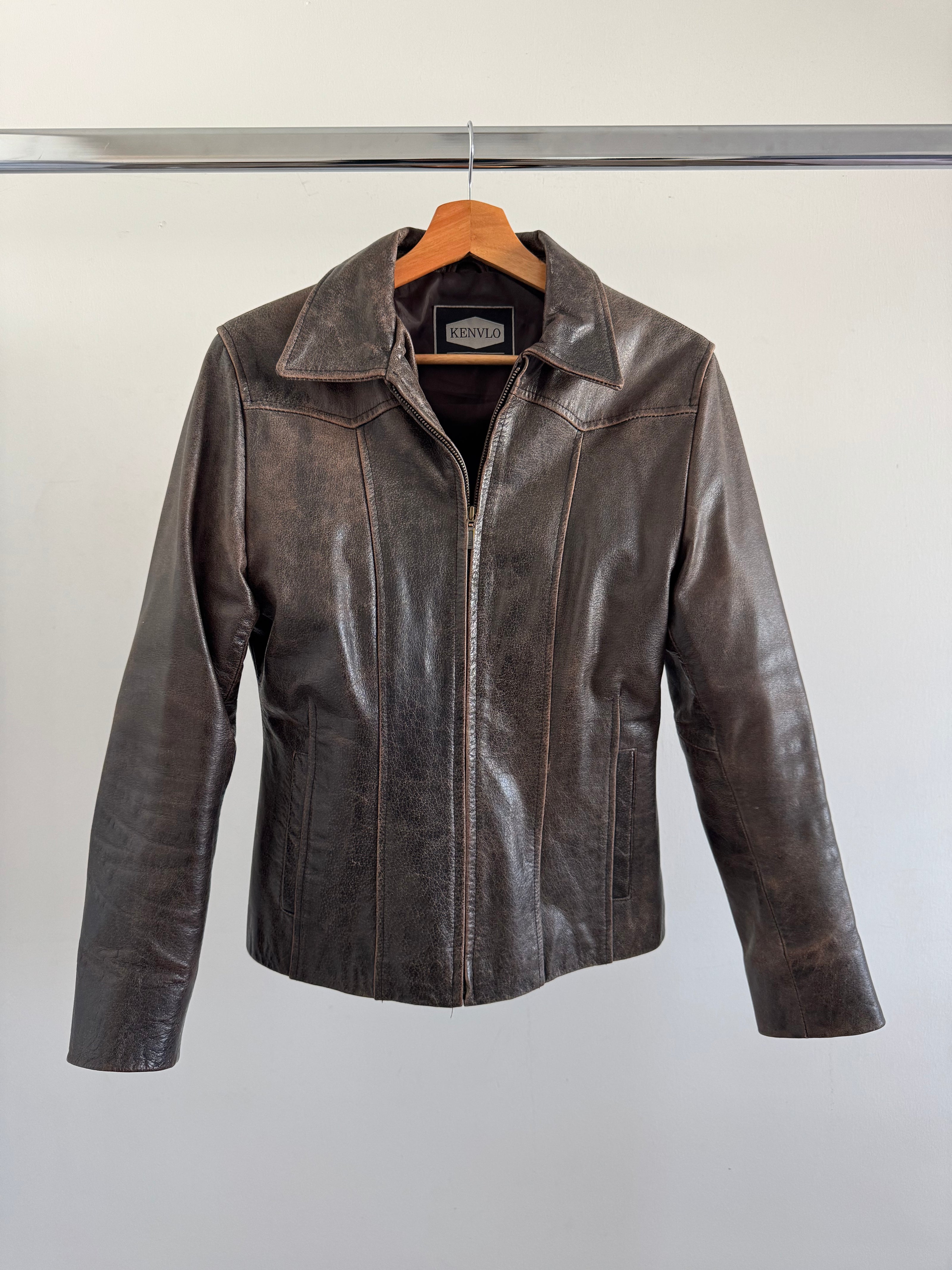 Distressed Brown Leather Fitted Jacket