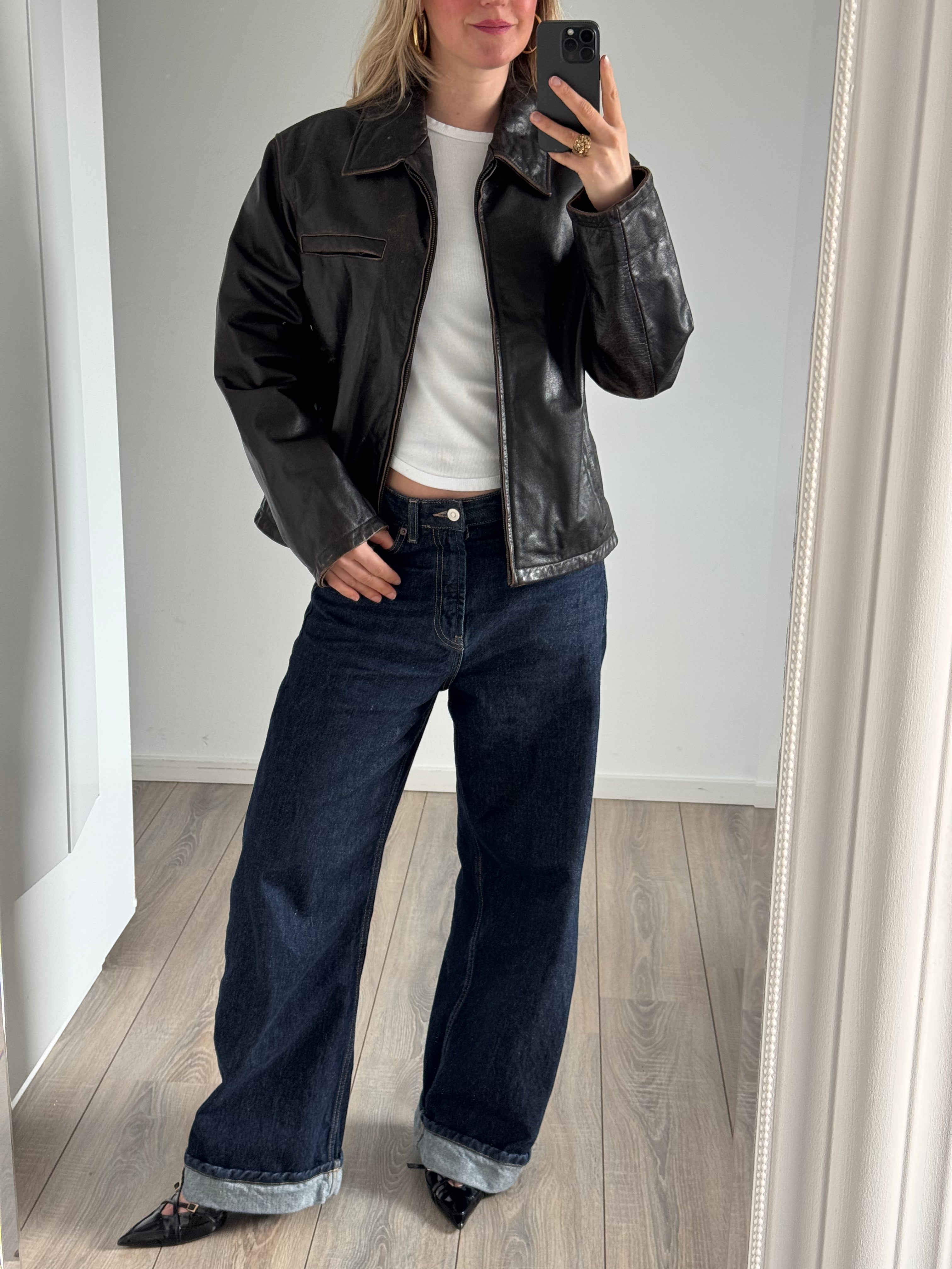 Dark Brown Faded Worn Leather Jacket - Oversized