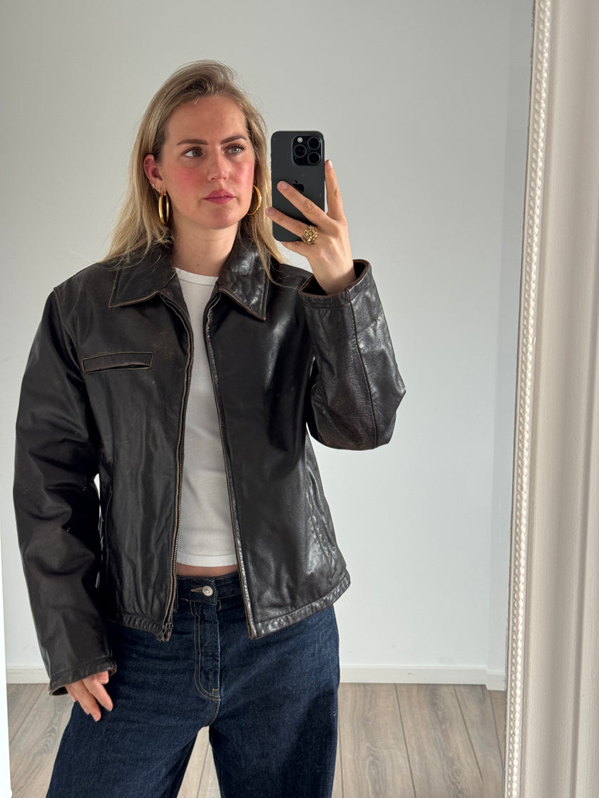 Dark Brown Faded Worn Leather Jacket - Oversized