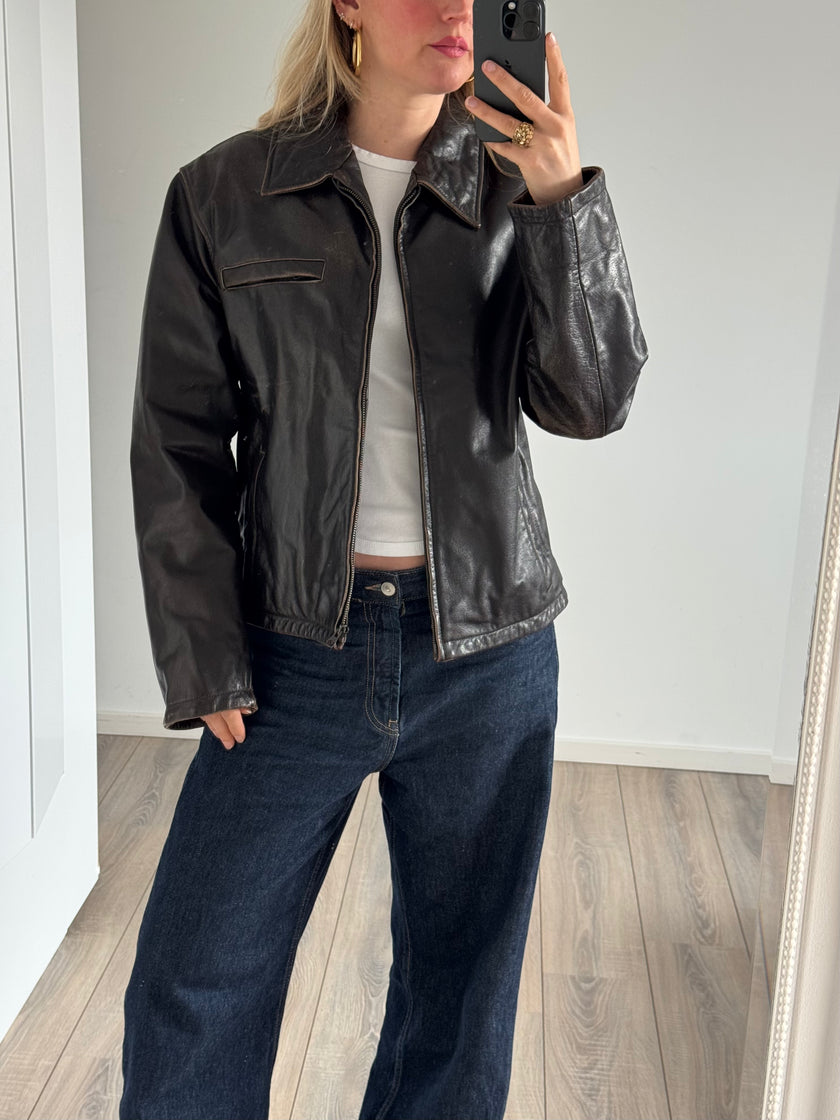 Dark Brown Faded Worn Leather Jacket - Oversized