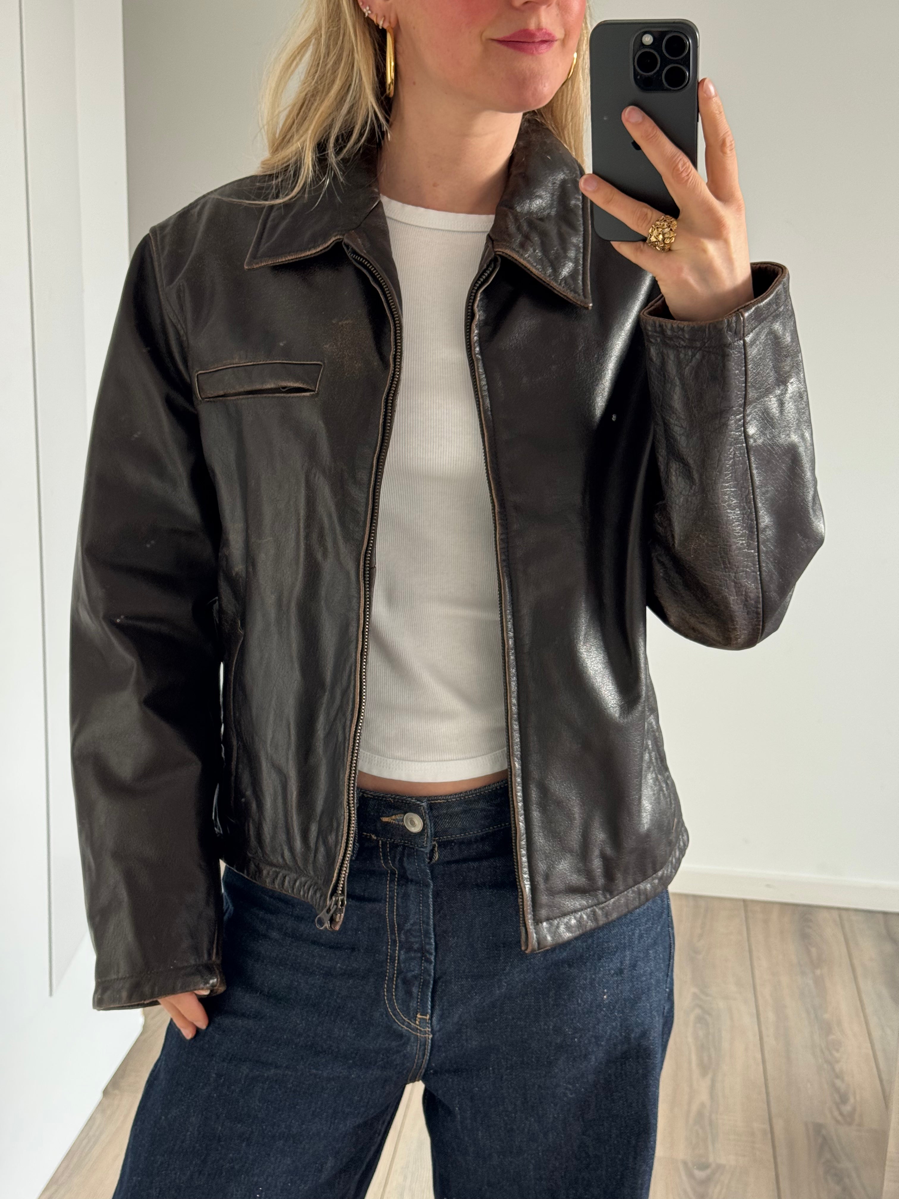 Dark Brown Faded Worn Leather Jacket - Oversized