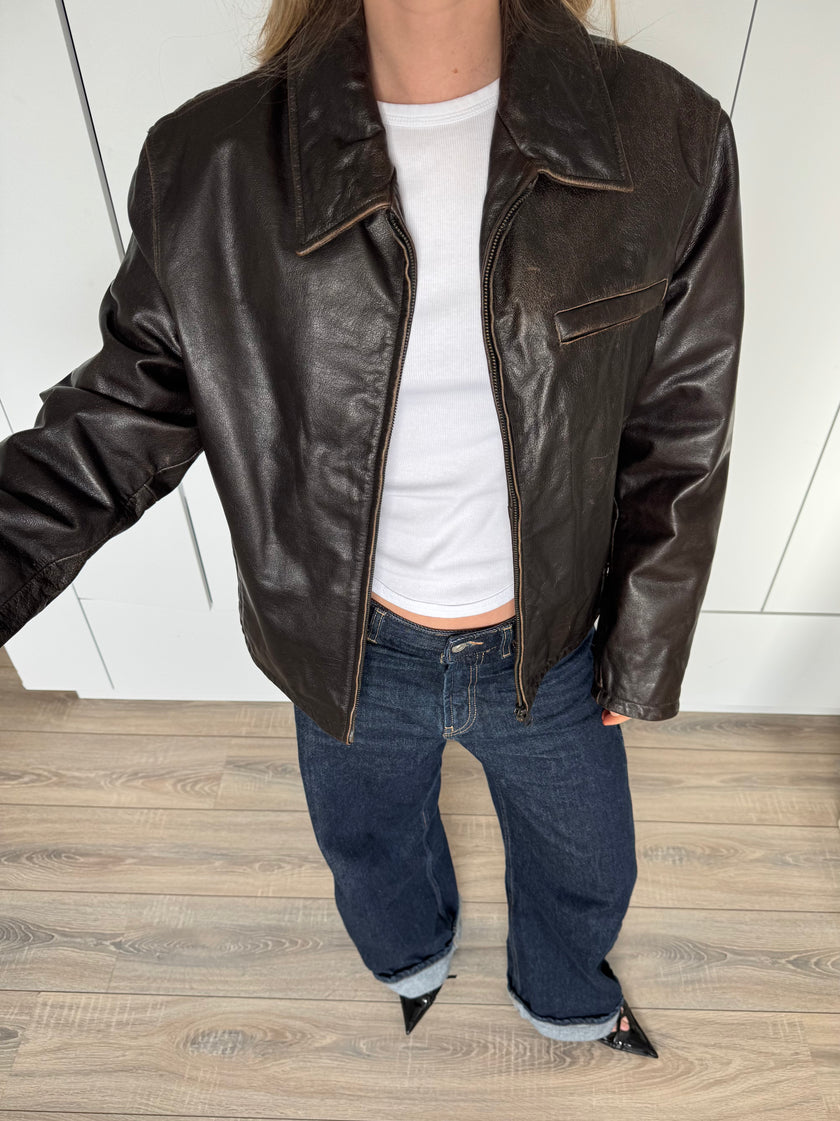 Dark Brown Faded Worn Leather Jacket - Oversized