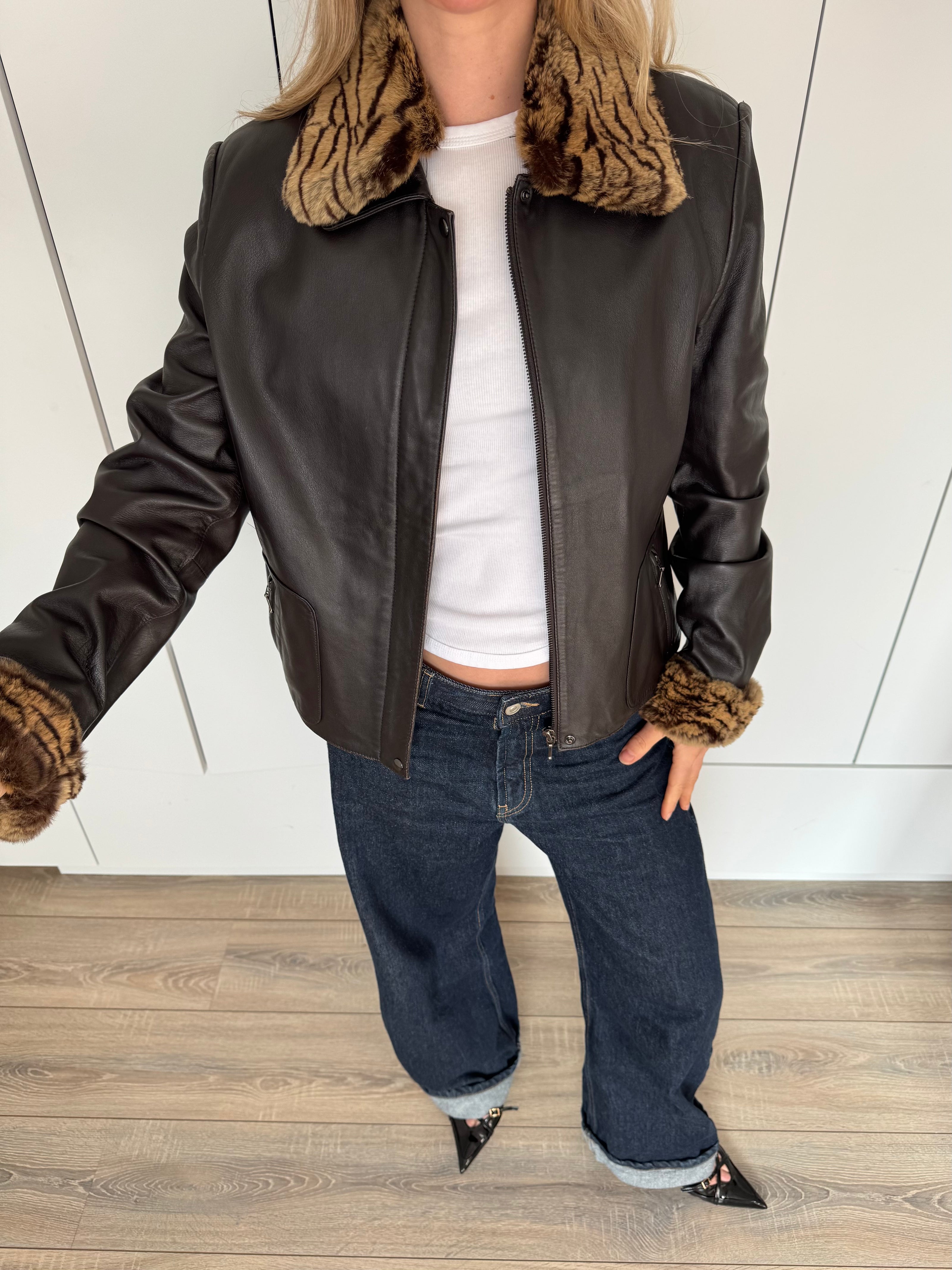 Black Leather Jacket with Leopard Trim
