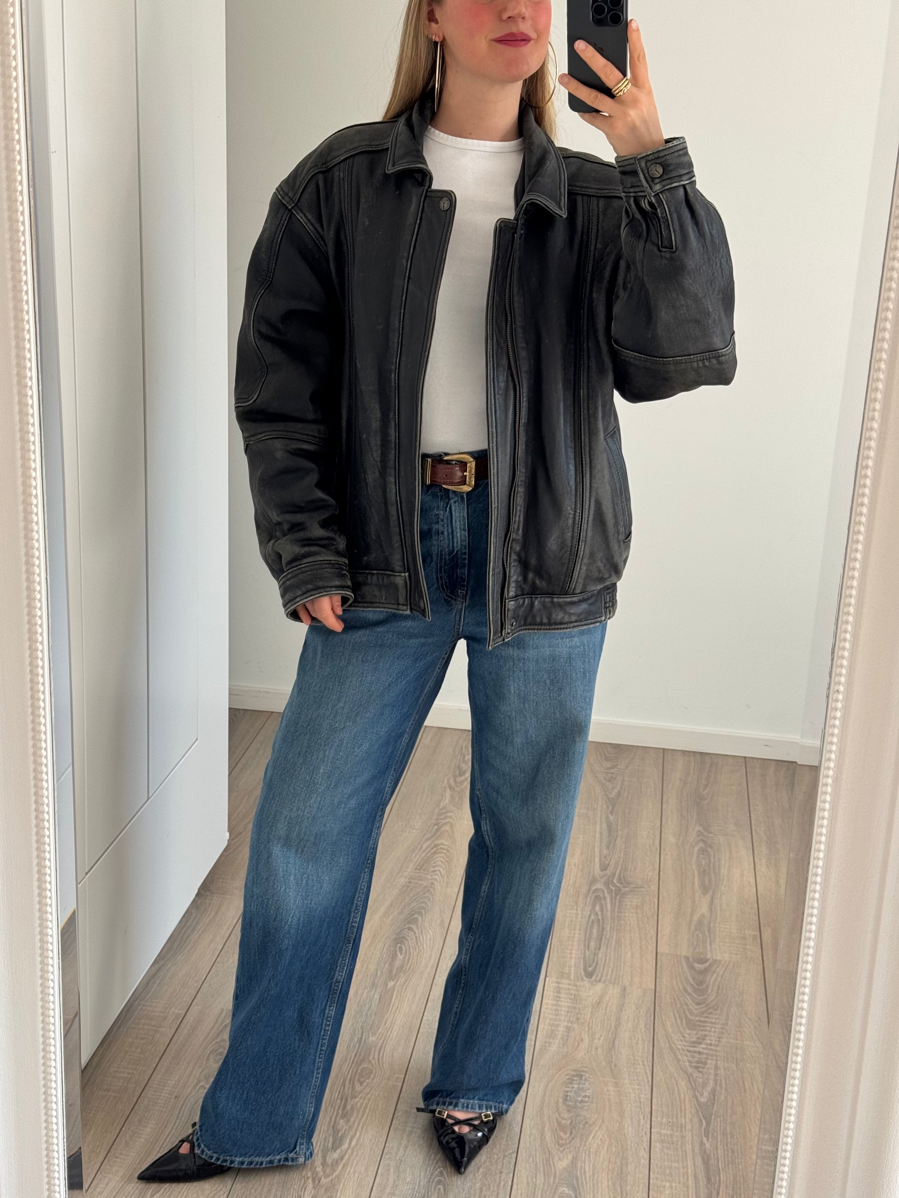 Distressed Leather Bomberjacket Grey/Black