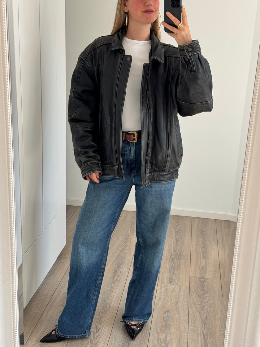 Distressed Leather Bomberjacket Grey/Black