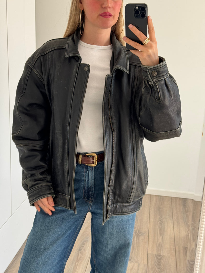 Distressed Leather Bomberjacket Grey/Black