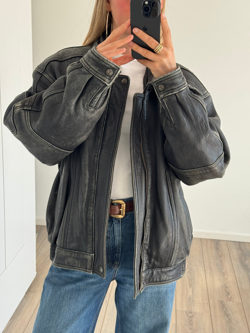 Distressed Leather Bomberjacket Grey/Black