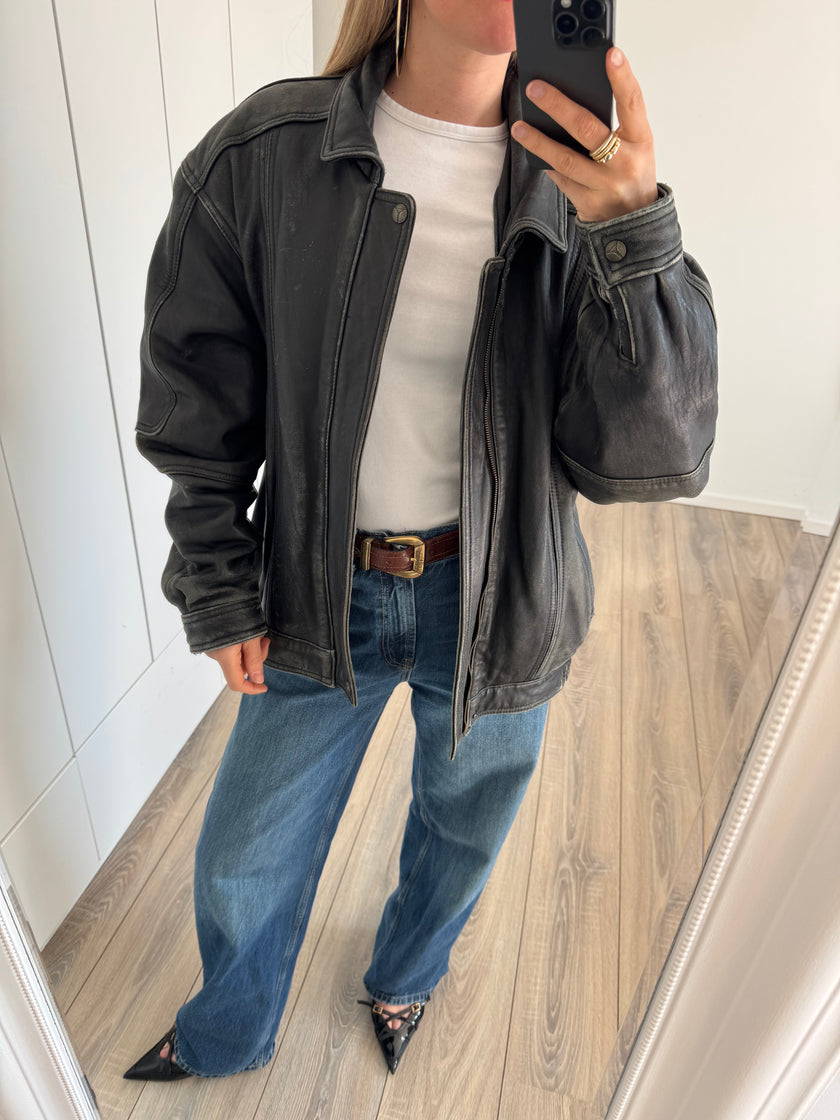 Distressed Leather Bomberjacket Grey/Black