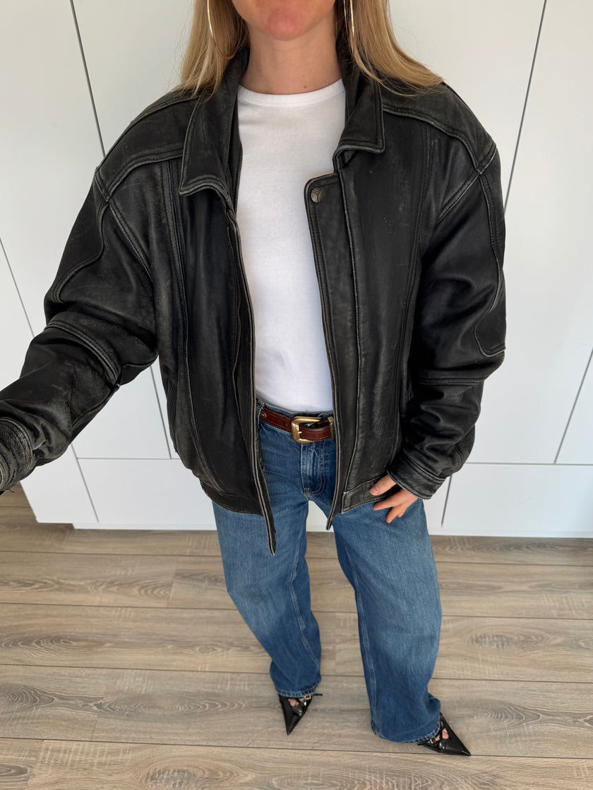 Distressed Leather Bomberjacket Grey/Black
