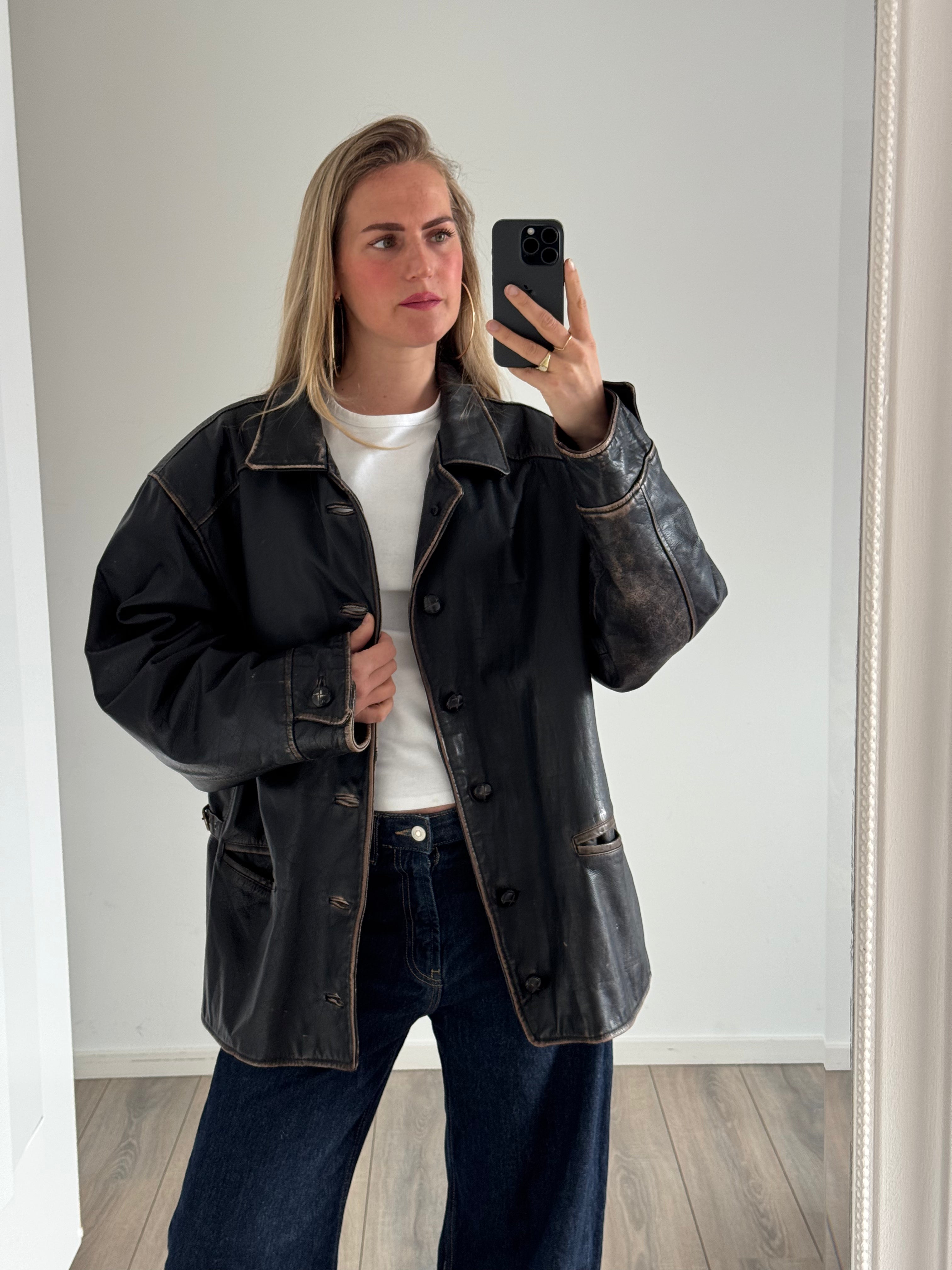 Distressed & Black Buttoned Oversized Leather Jacket