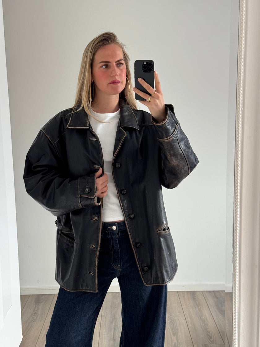 Distressed & Black Buttoned Oversized Leather Jacket