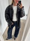 Distressed & Black Buttoned Oversized Leather Jacket