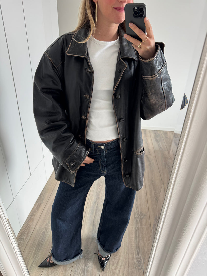 Distressed & Black Buttoned Oversized Leather Jacket