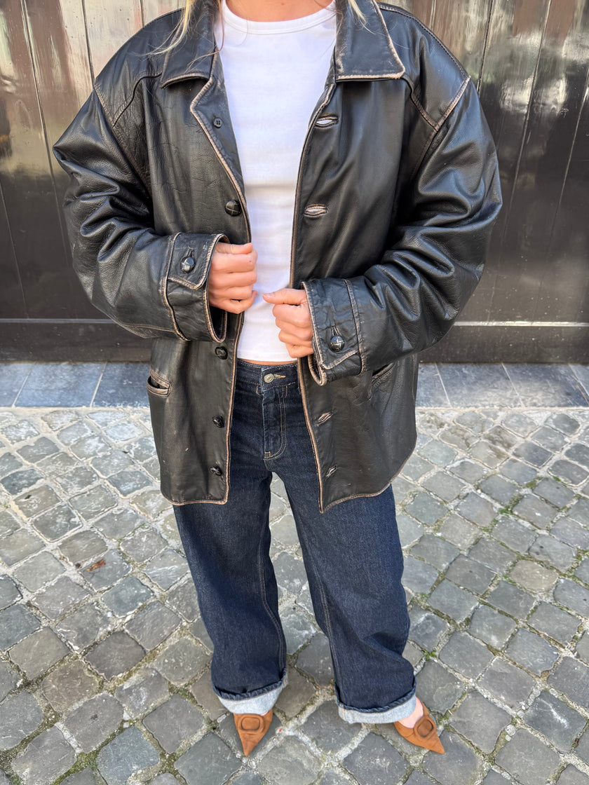 Distressed & Black Buttoned Oversized Leather Jacket