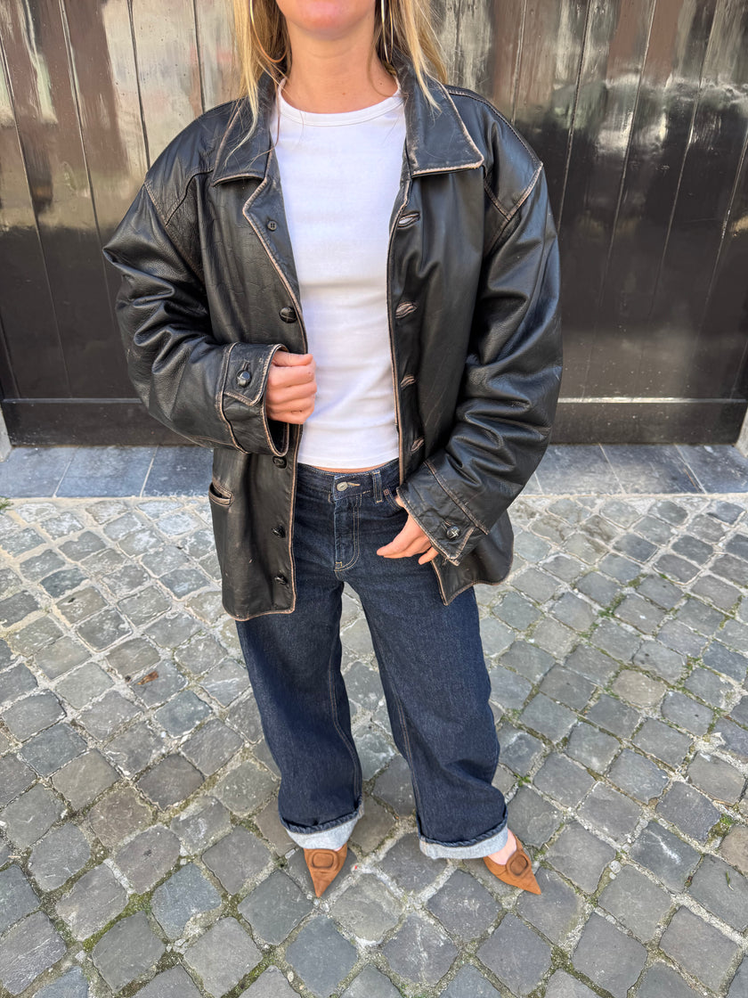 Distressed & Black Buttoned Oversized Leather Jacket