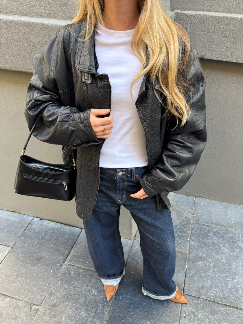 Black Leather Oversized Vintage Bomber Jacket