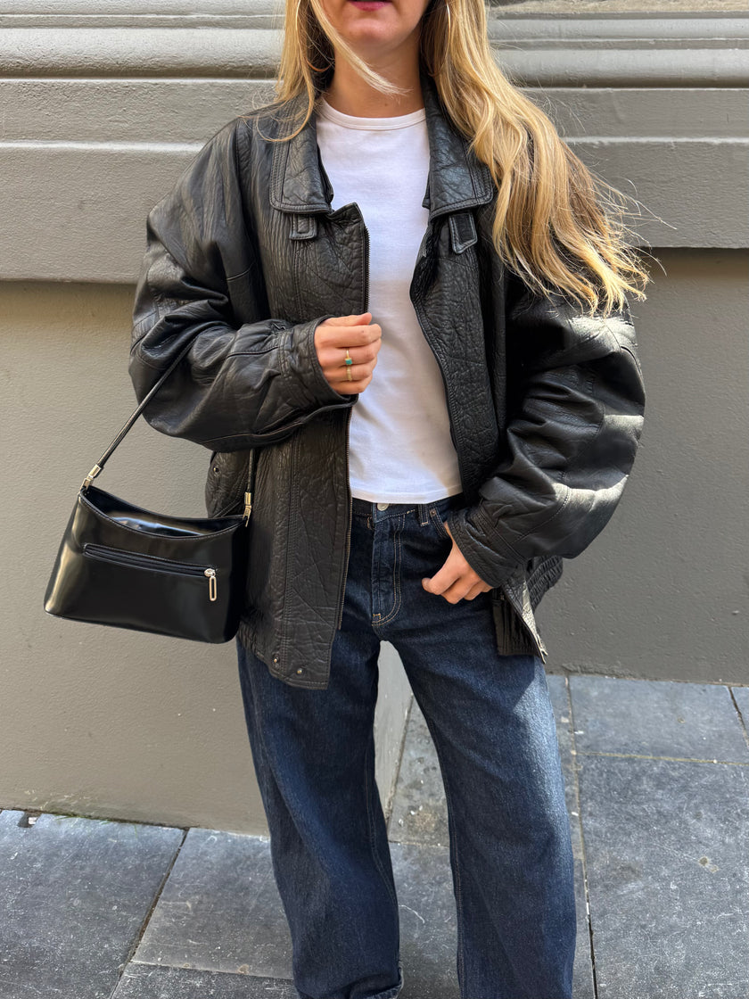 Black Leather Oversized Vintage Bomber Jacket