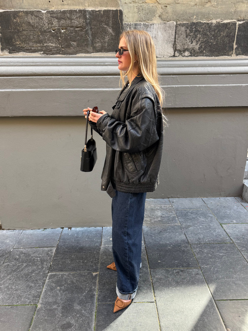 Black Leather Oversized Vintage Bomber Jacket