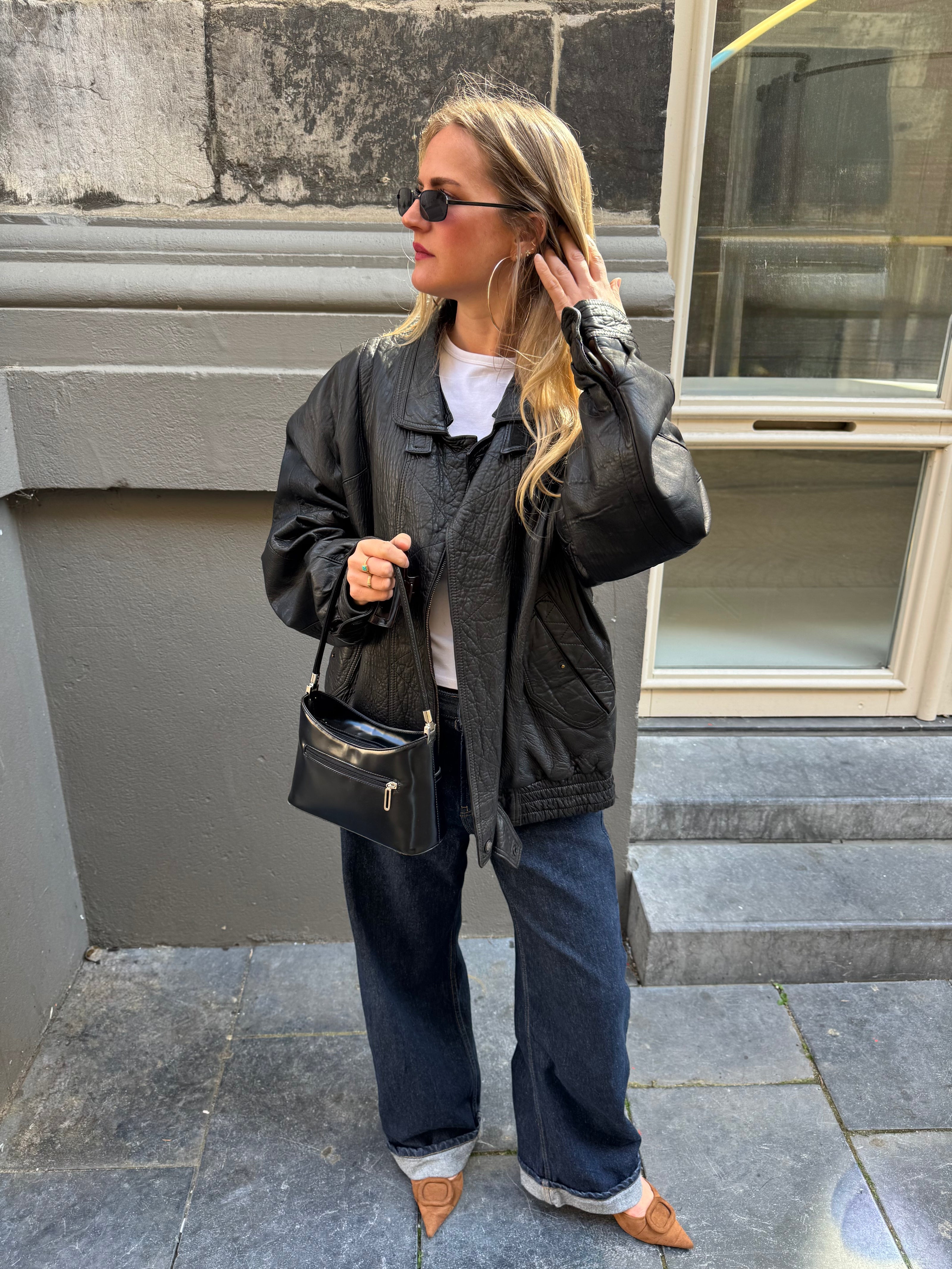 Black Leather Oversized Vintage Bomber Jacket