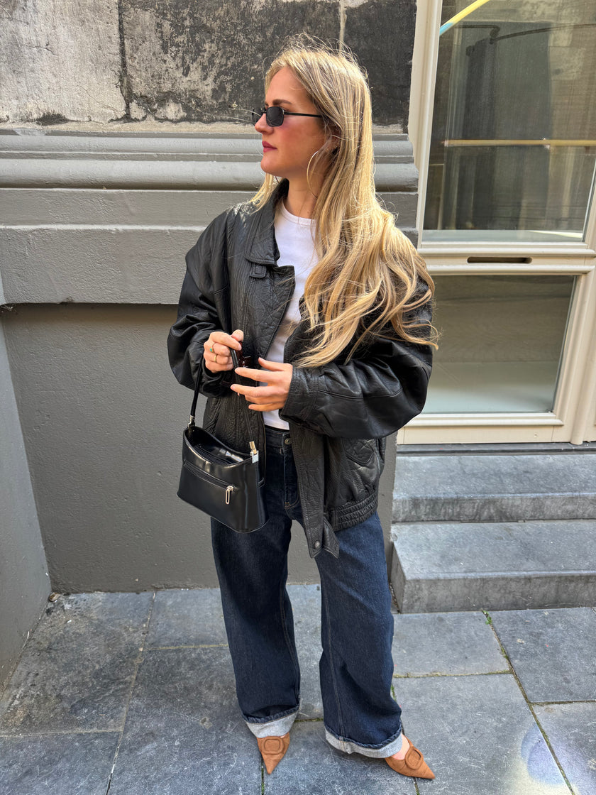 Black Leather Oversized Vintage Bomber Jacket