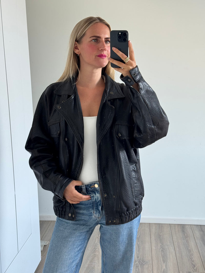 90s Black Leather Bomber