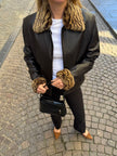 Black Leather Jacket with Leopard Trim