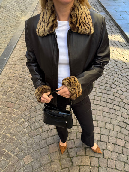 Black Leather Jacket with Leopard Trim