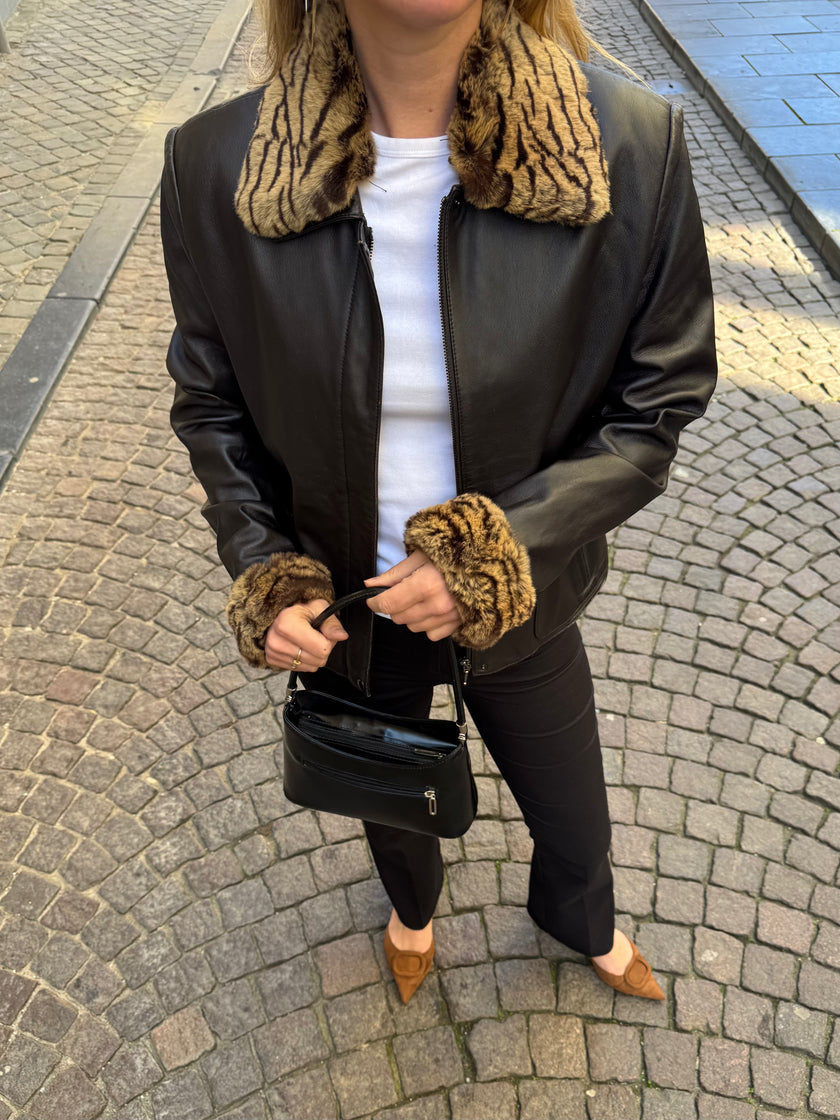 Black Leather Jacket with Leopard Trim