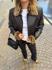 Black Leather Jacket with Leopard Trim
