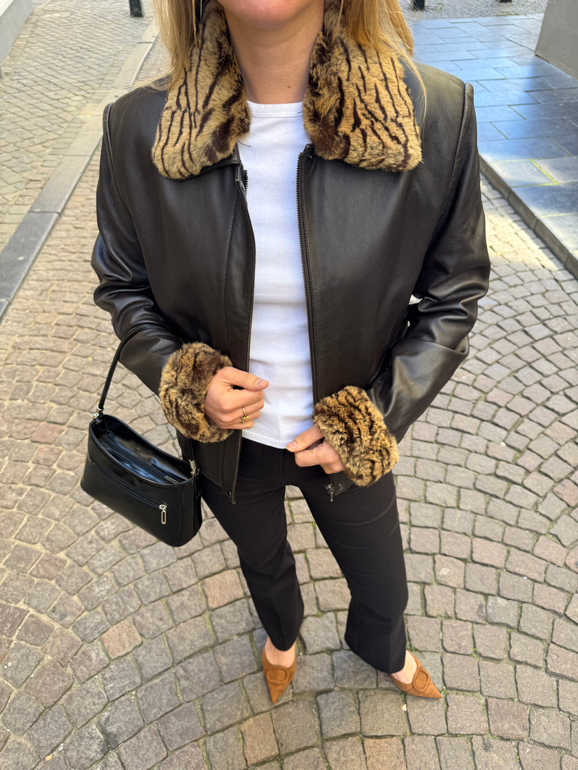 Black Leather Jacket with Leopard Trim