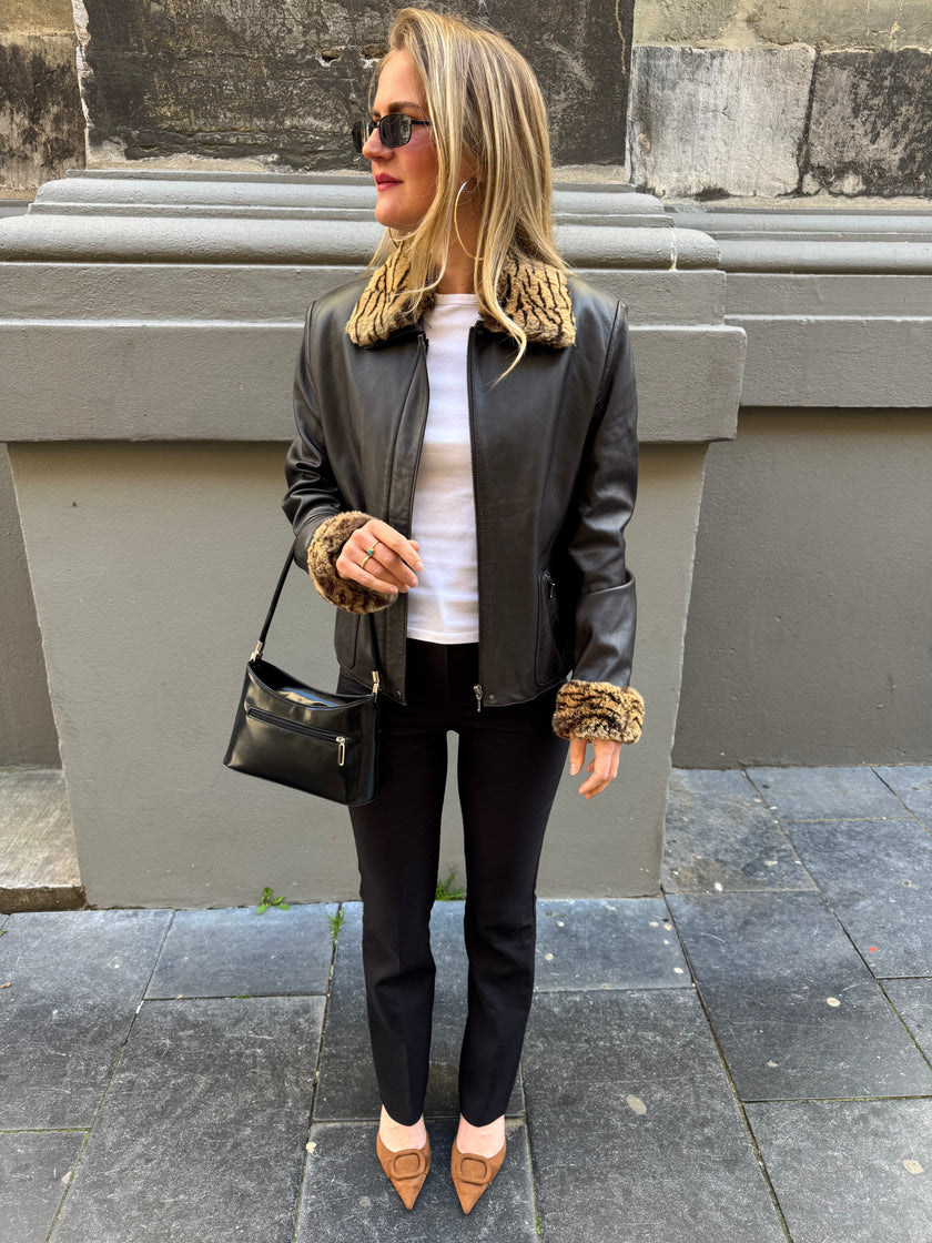 Black Leather Jacket with Leopard Trim
