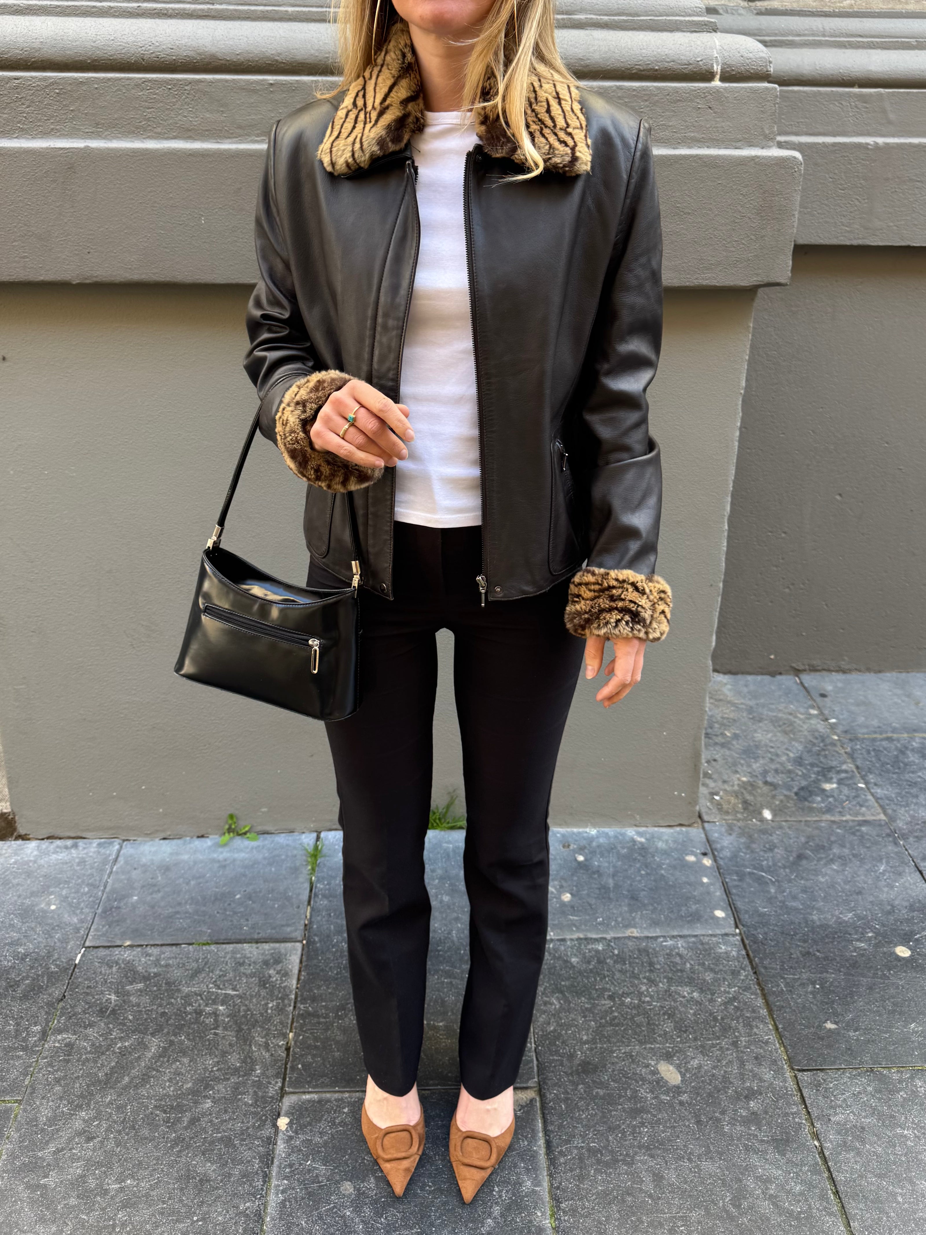 Black Leather Jacket with Leopard Trim