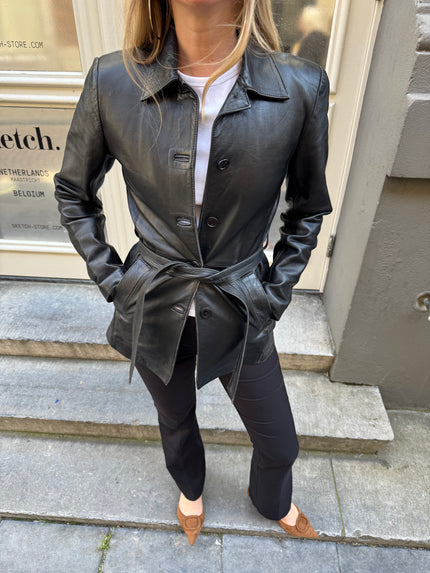 Fitted Black Leather Vintage Jacket with Belt