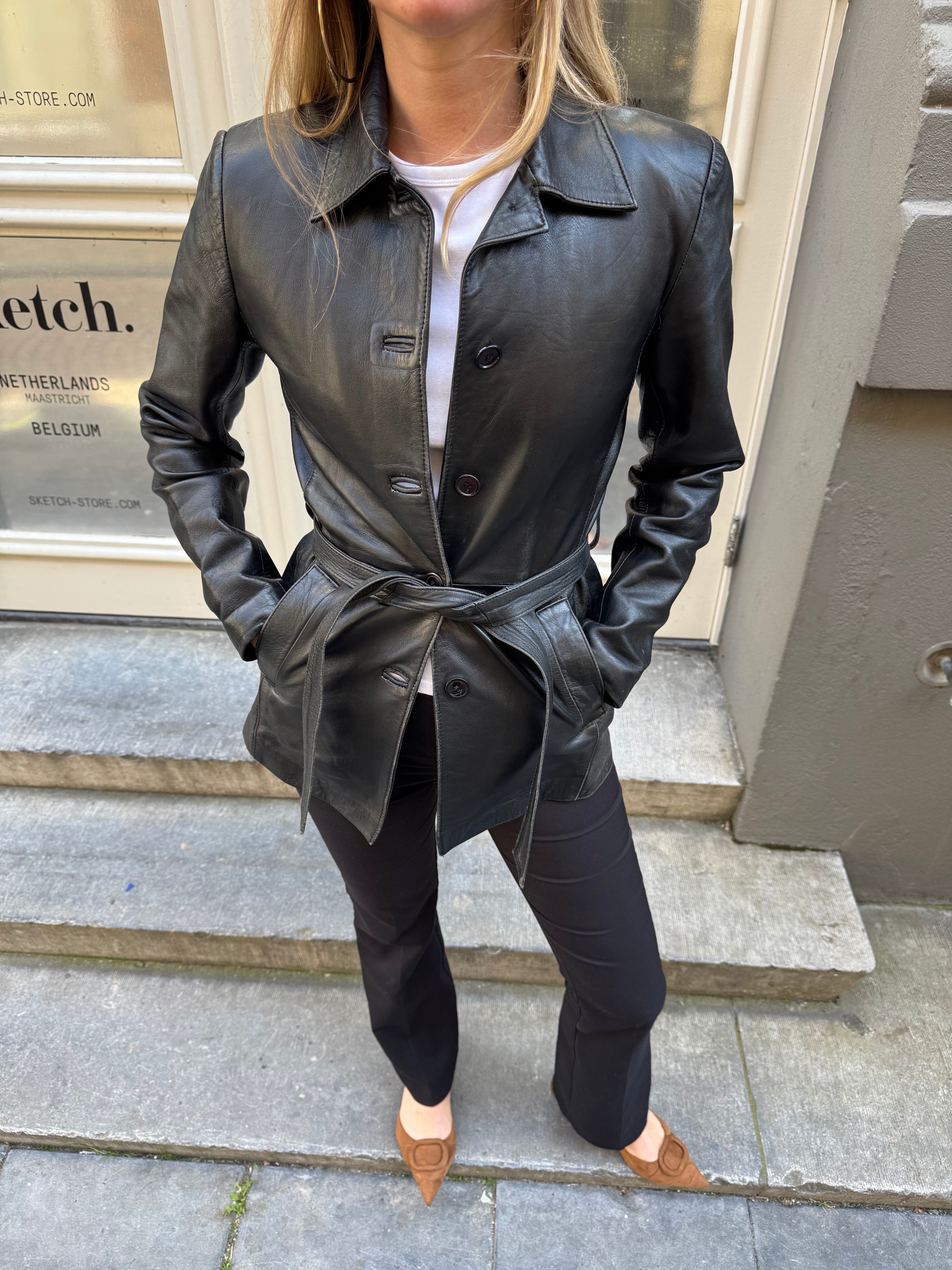 Fitted Black Leather Vintage Jacket with Belt