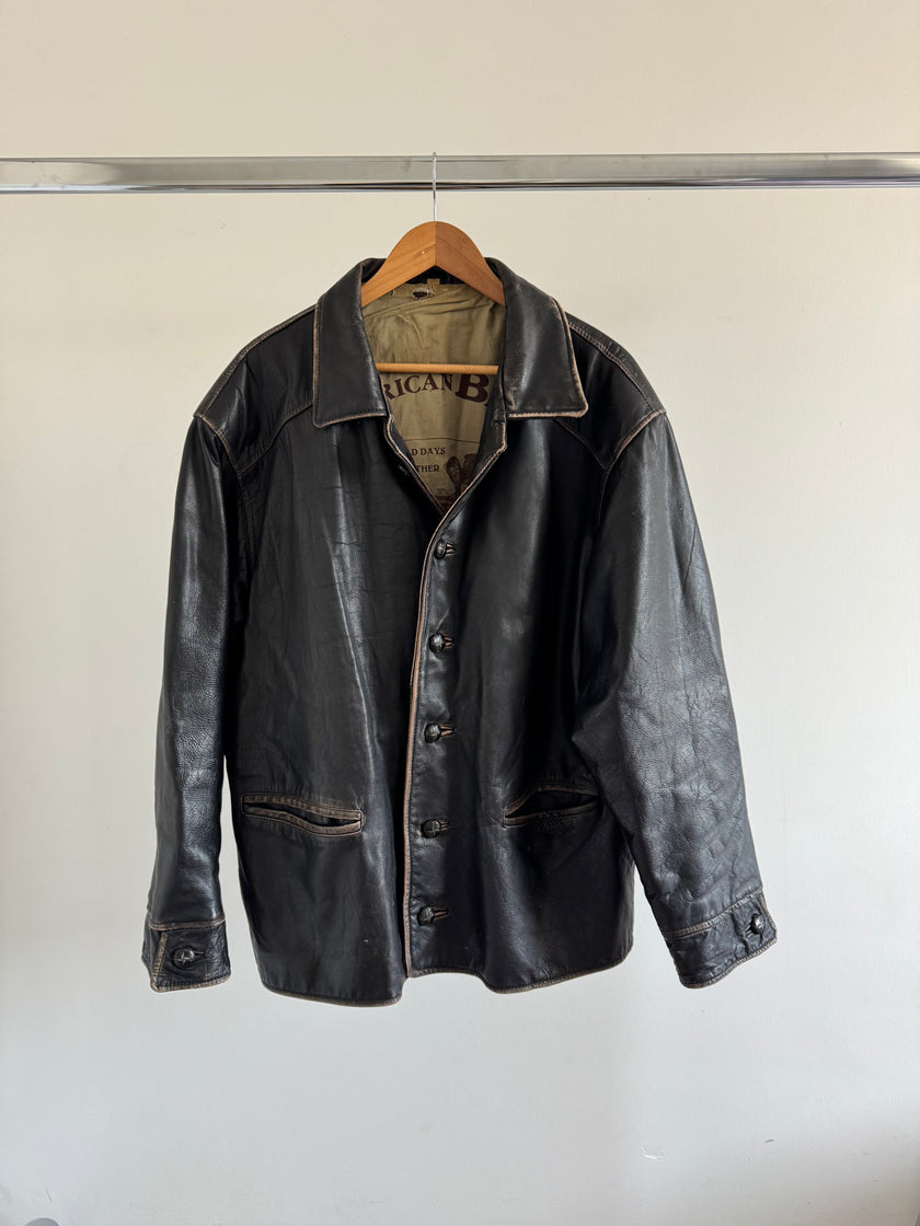 Distressed & Black Buttoned Oversized Leather Jacket