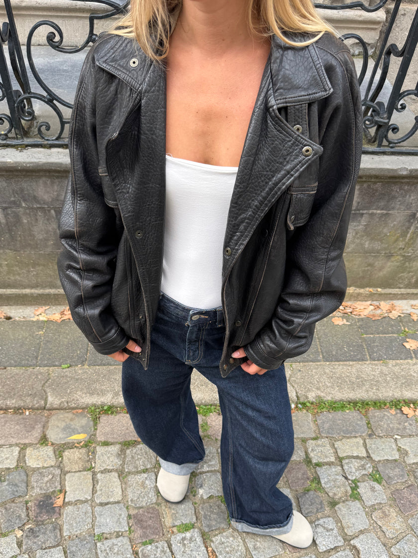 90s Black Leather Bomber