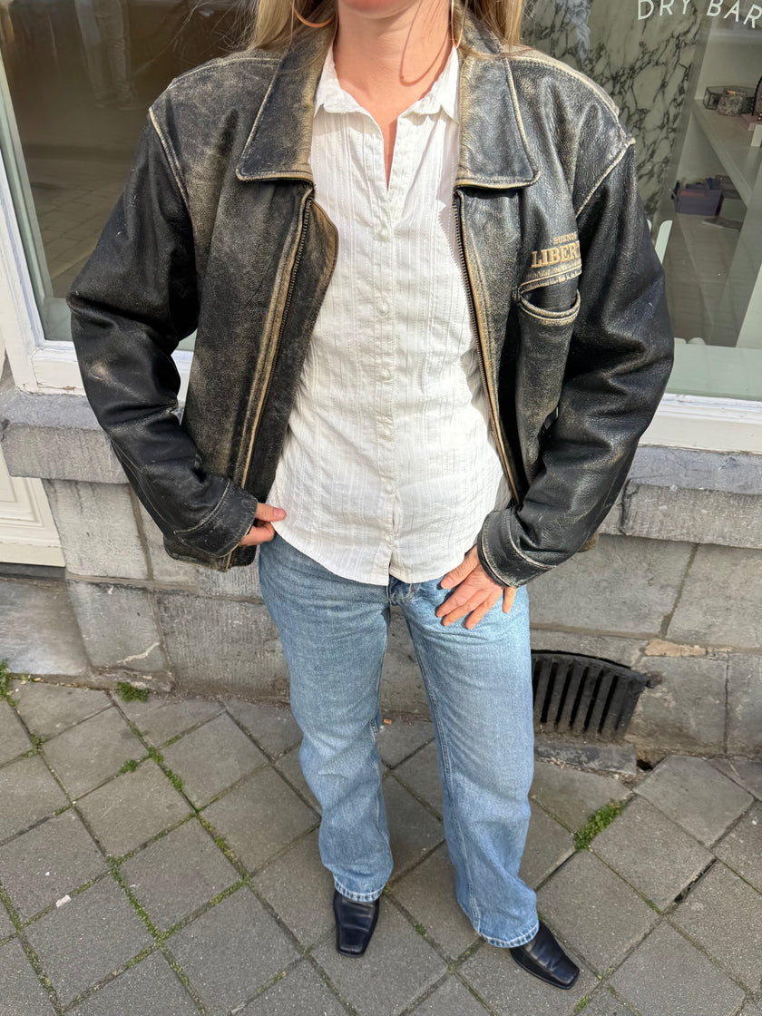 Grey/Black/Cream Distressed Leather Vintage Jacket