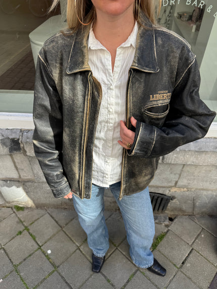 Grey/Black/Cream Distressed Leather Vintage Jacket
