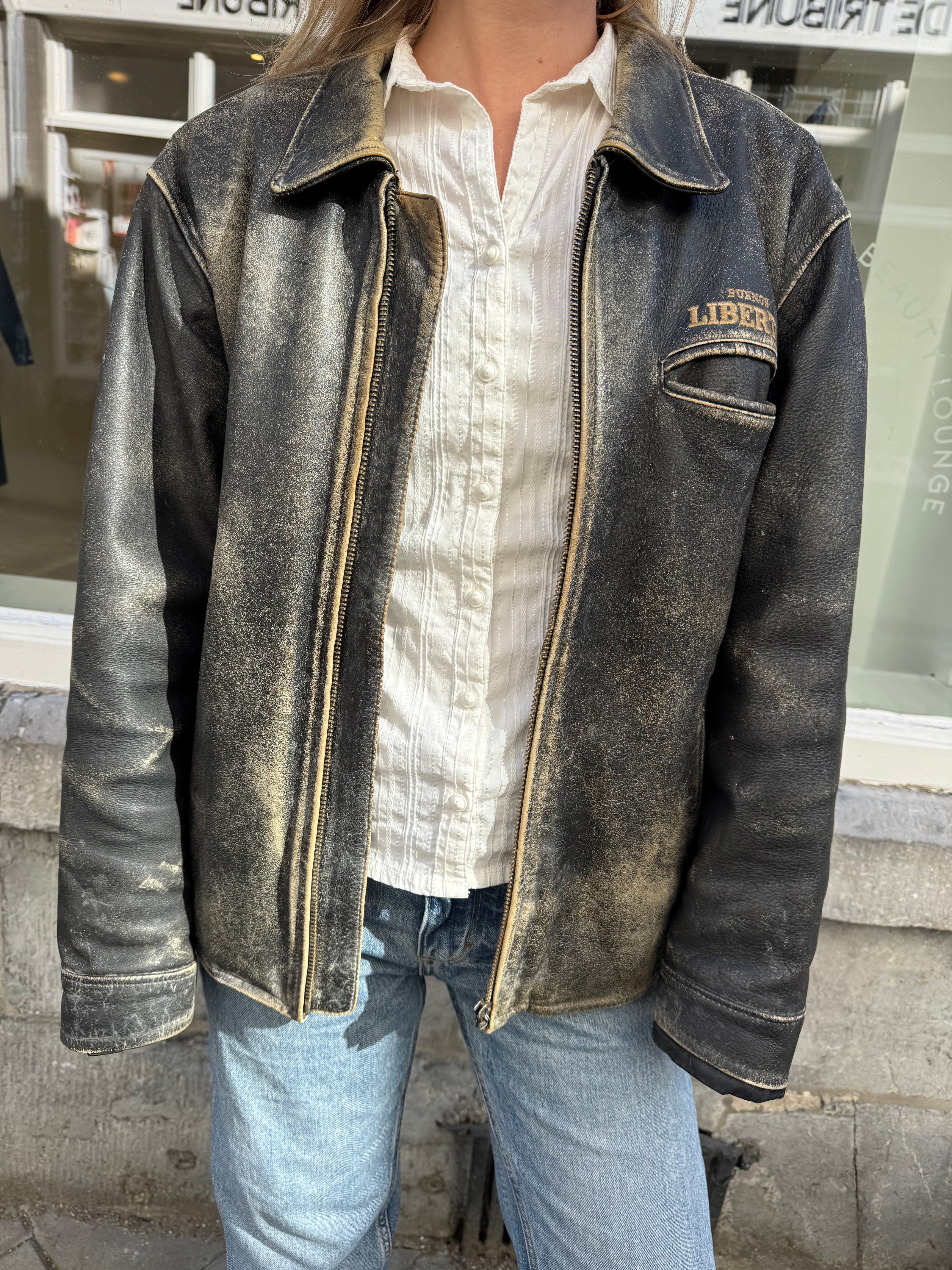 Grey/Black/Cream Distressed Leather Vintage Jacket
