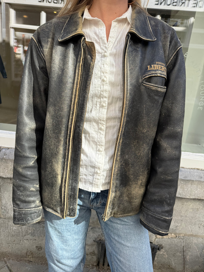 Grey/Black/Cream Distressed Leather Vintage Jacket