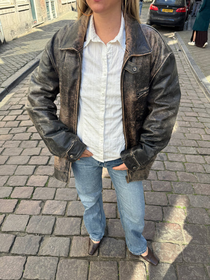 Distressed Oversized Vintage Black/Brown Leather Jacket