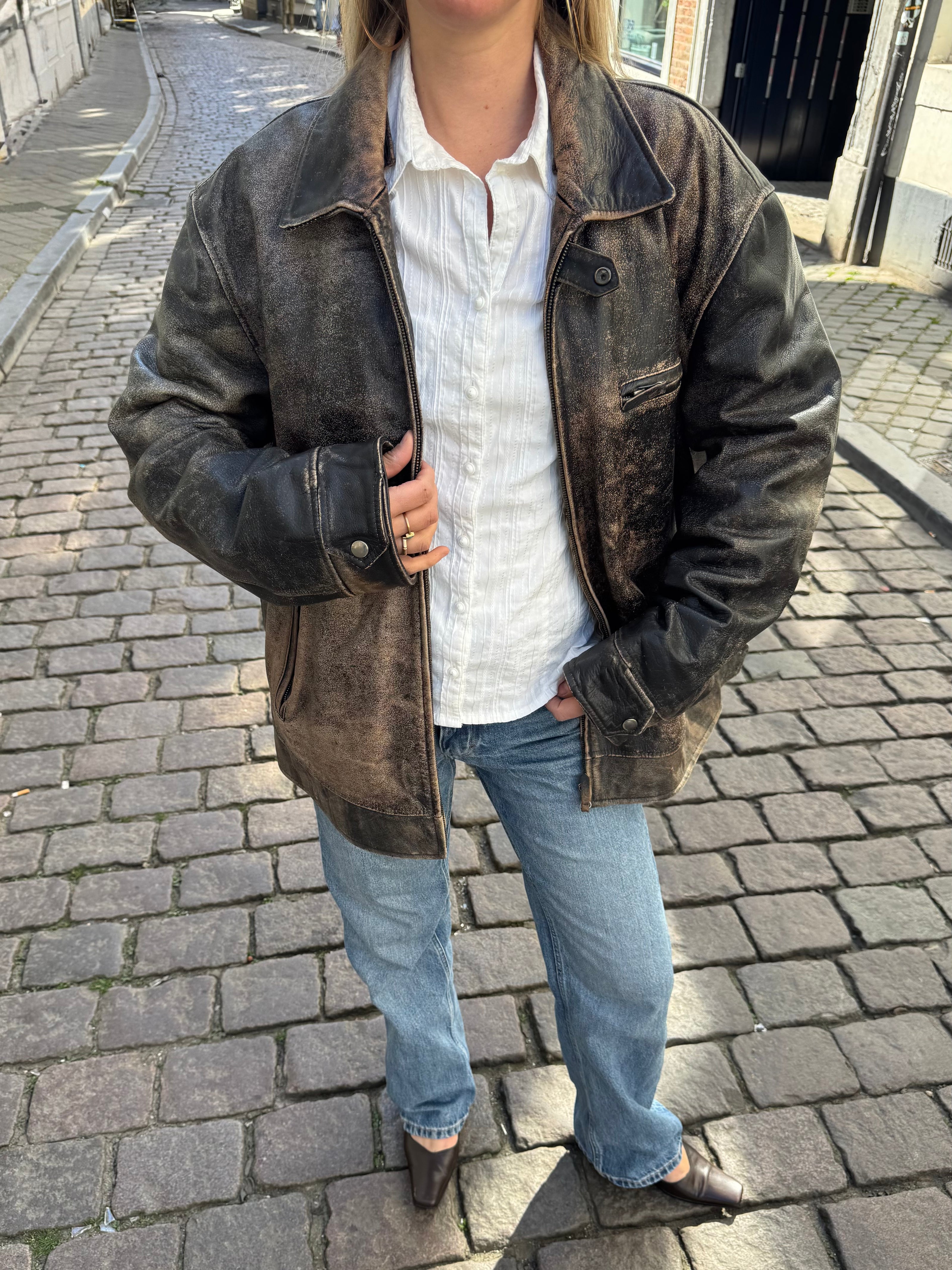 Distressed Oversized Vintage Black/Brown Leather Jacket
