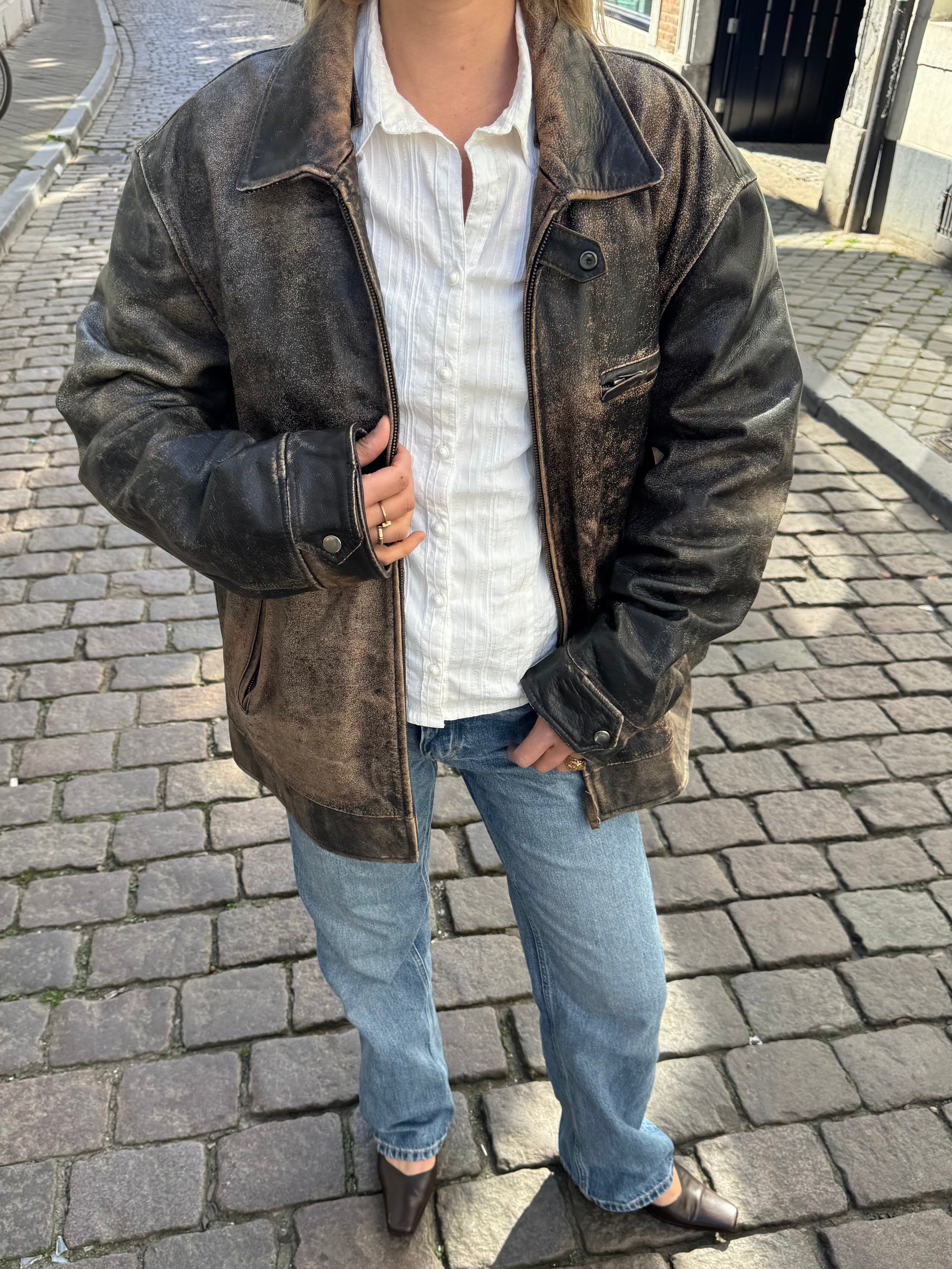 Distressed Oversized Vintage Black/Brown Leather Jacket
