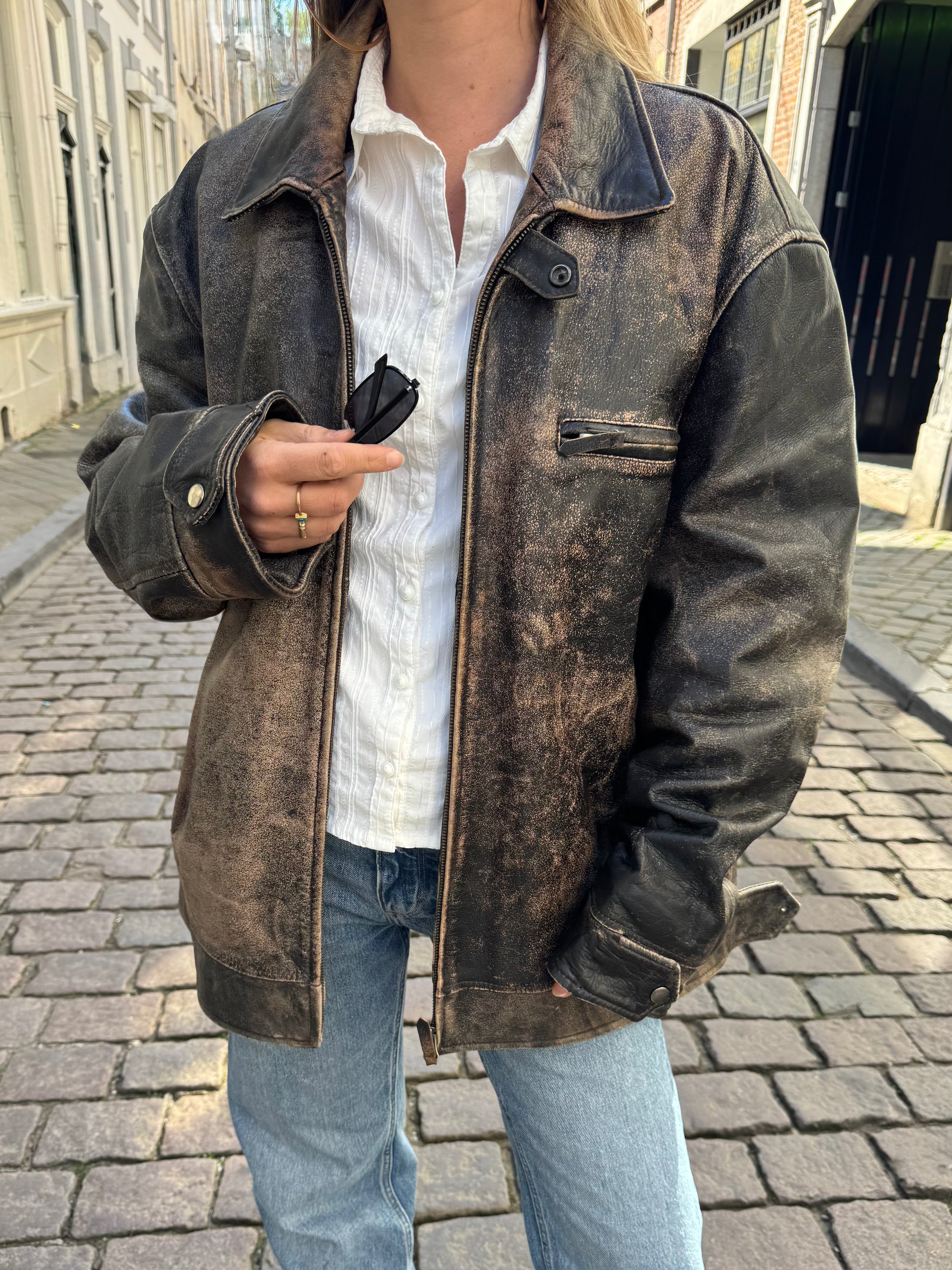 Distressed Oversized Vintage Black/Brown Leather Jacket