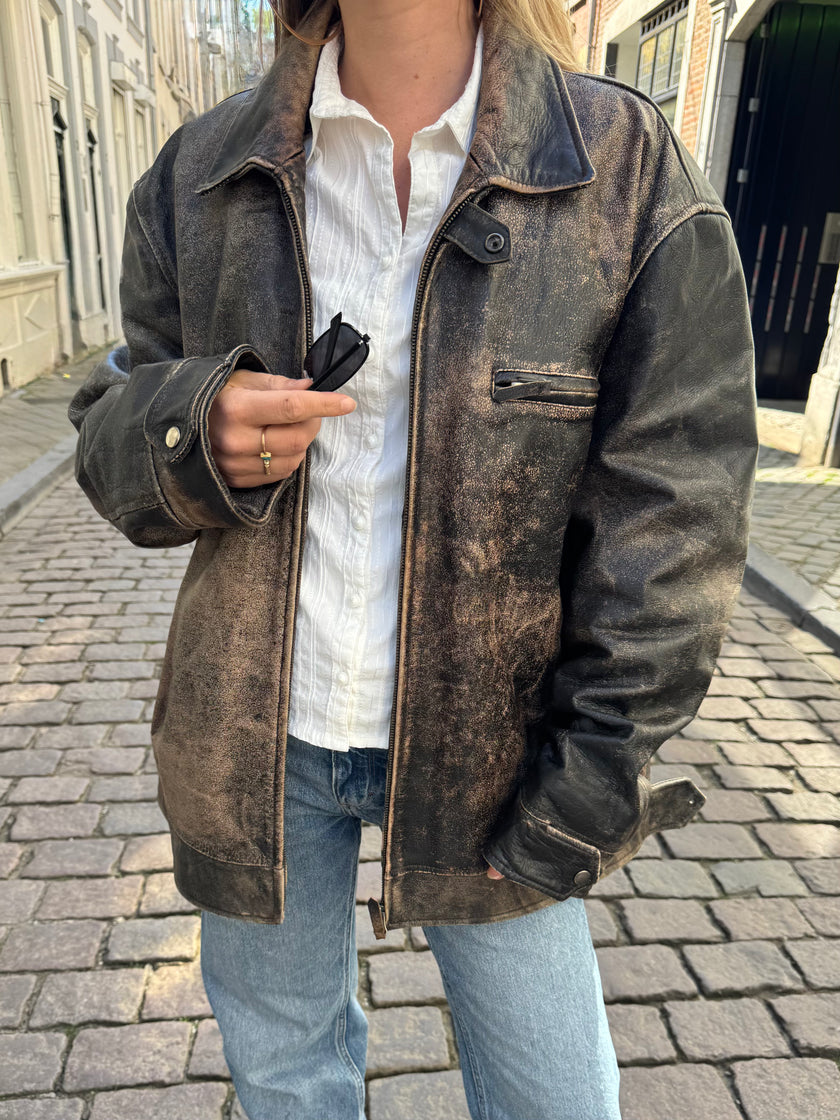 Distressed Oversized Vintage Black/Brown Leather Jacket