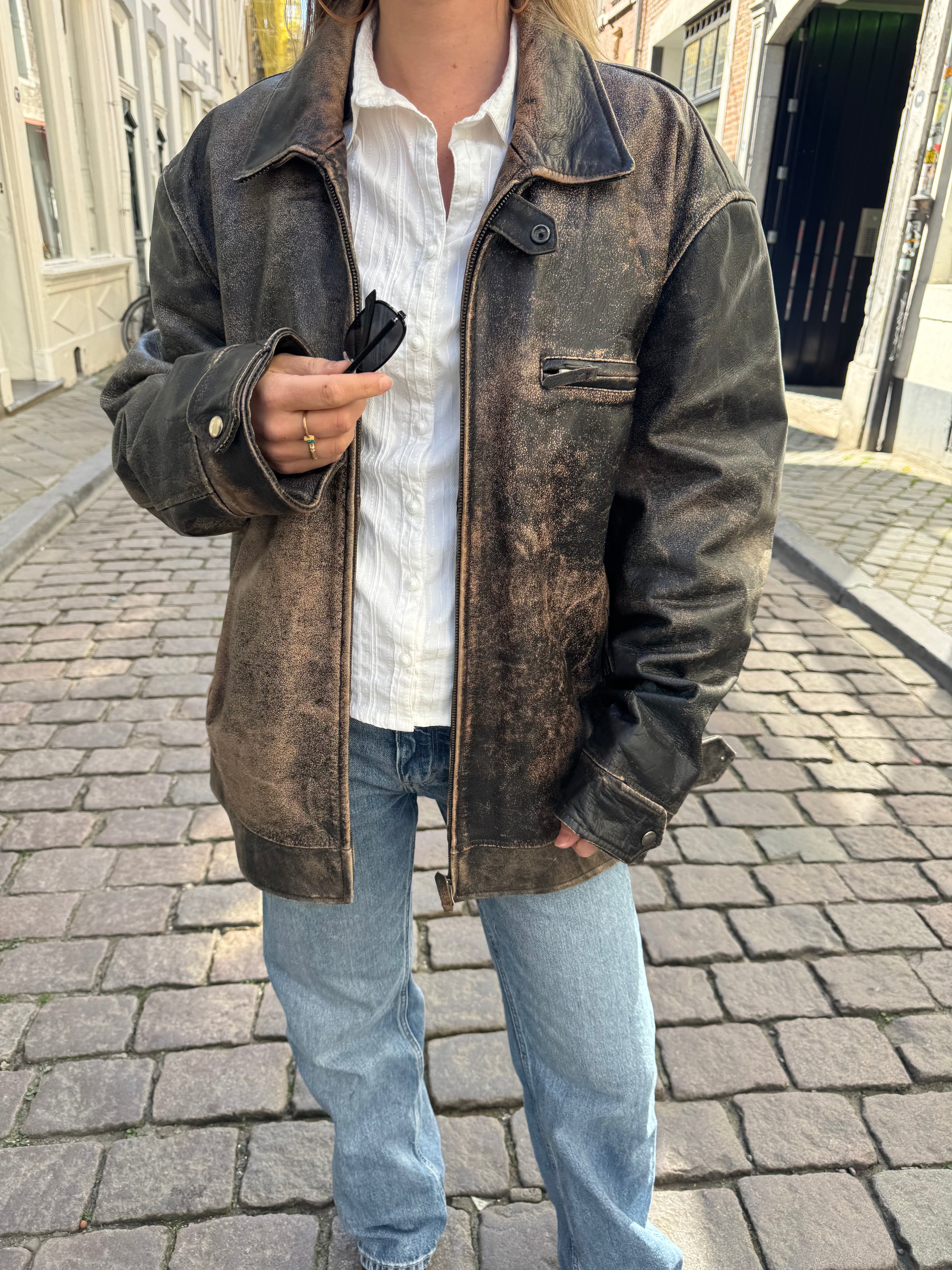 Distressed Oversized Vintage Black/Brown Leather Jacket