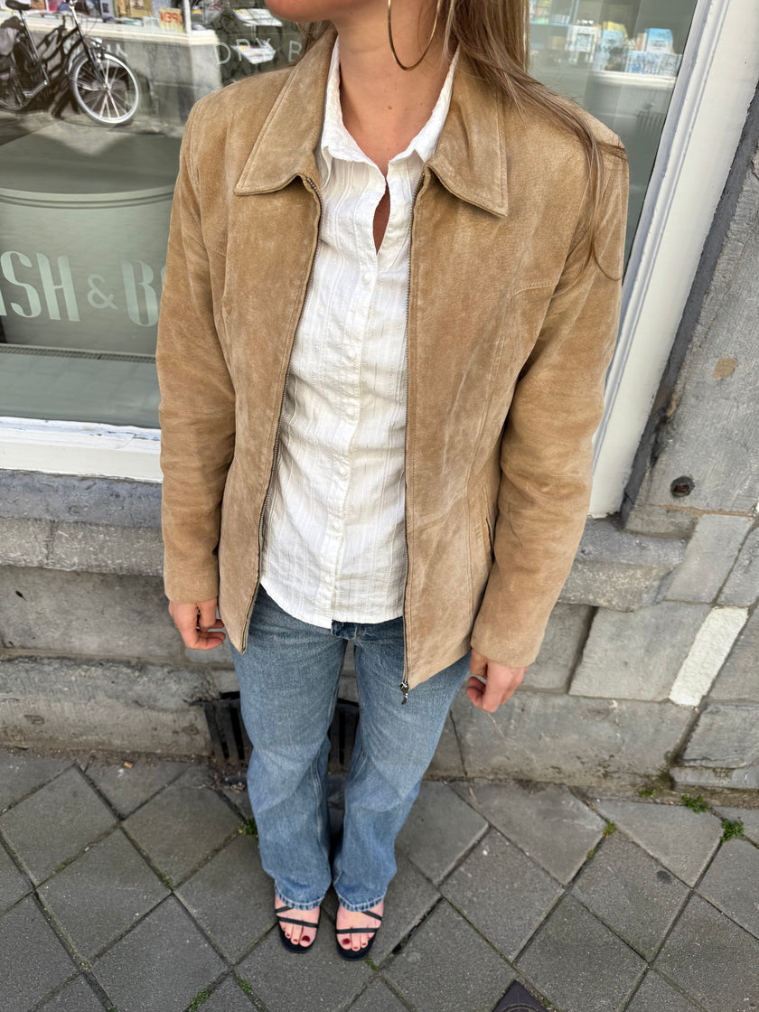 Fitted Beige Suede Vintage Jacket