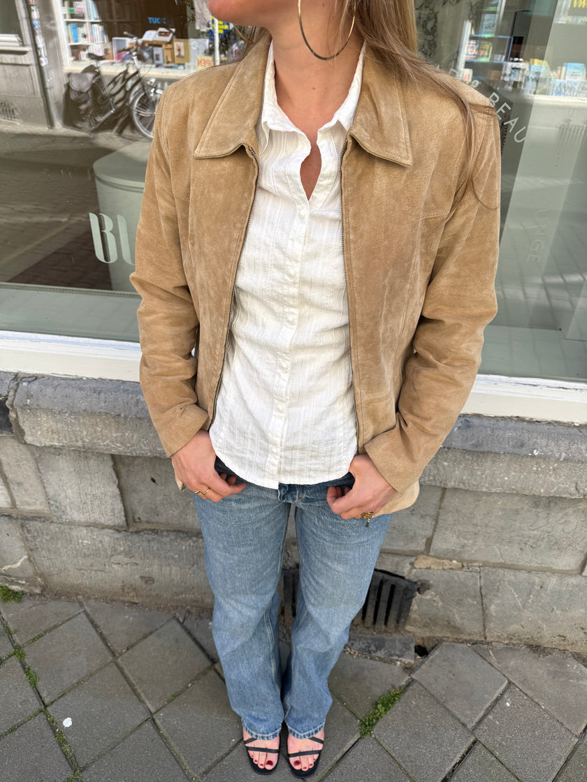 Fitted Beige Suede Vintage Jacket