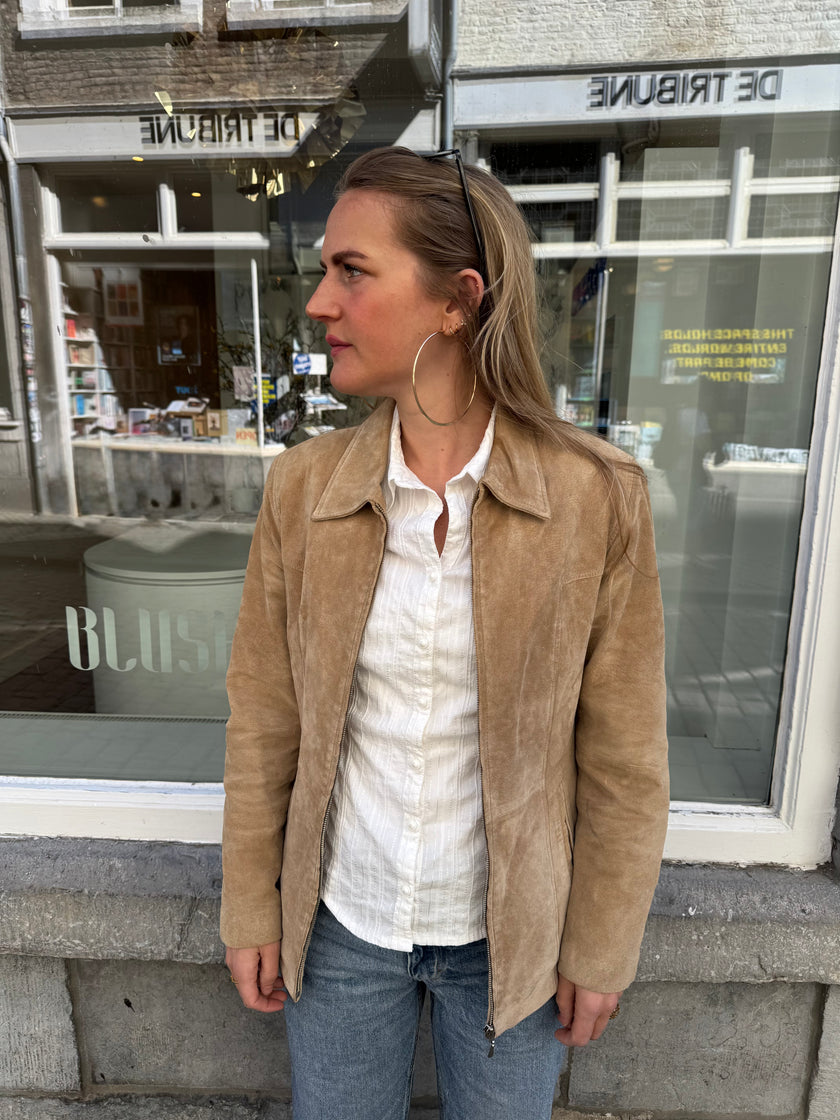 Fitted Beige Suede Vintage Jacket
