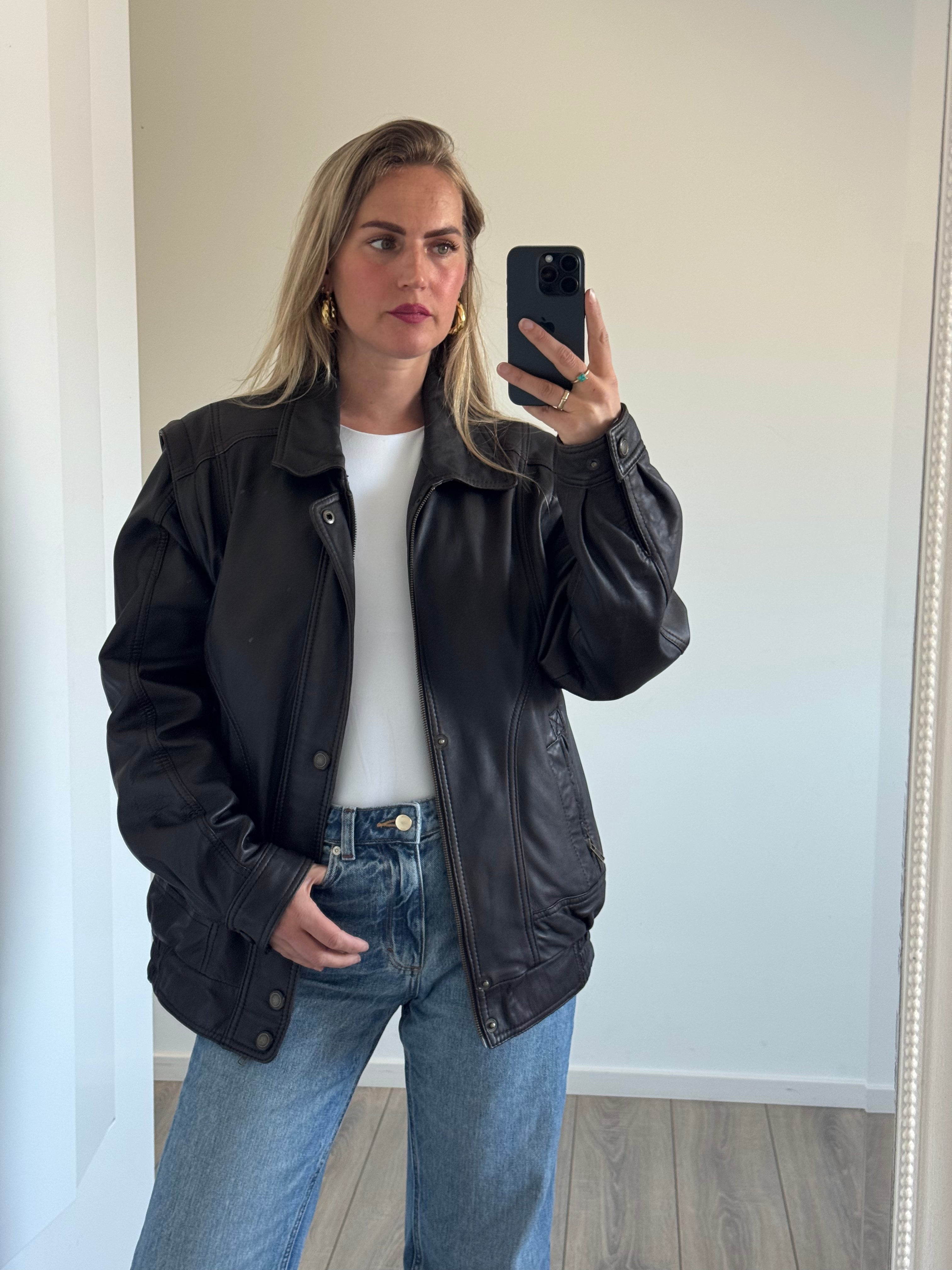 Oversized Brown Leather 90s Bomber Jacket